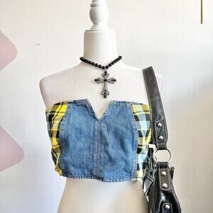 Denim Plaid Corset Top, Grunge Y2K Punk Mall Goth Medium Indie Sleaze